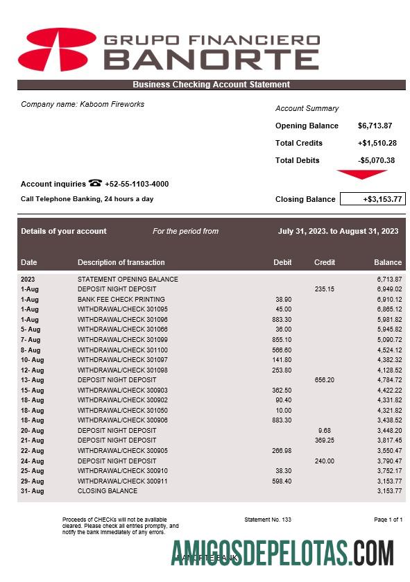 Em branco Banorte Bank Enterprise Statement Word And PDF modelo